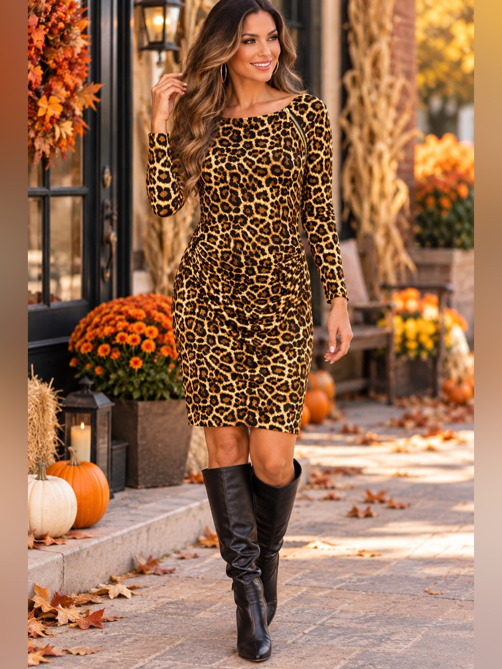 VENUS Leopard Print Ruched Bodycon Midi Dress Long Sleeve Zip Detail L